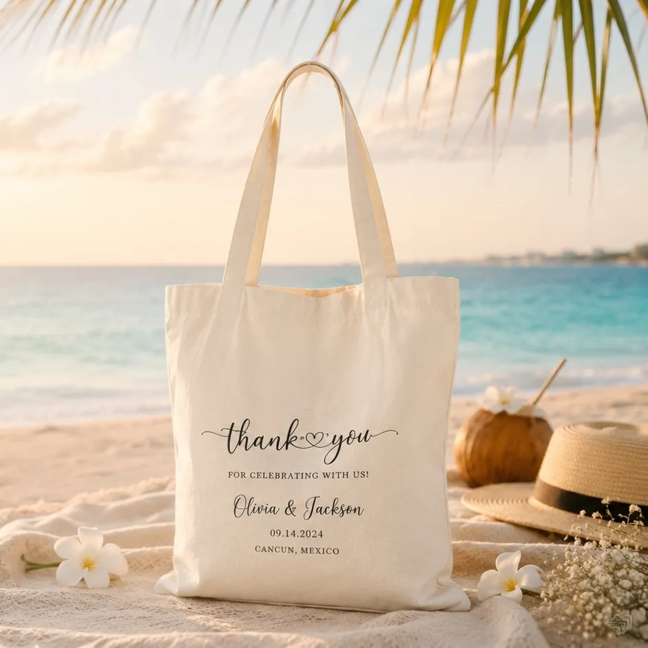 A printed cotton welcome tote on the sand in the Riviera Maya